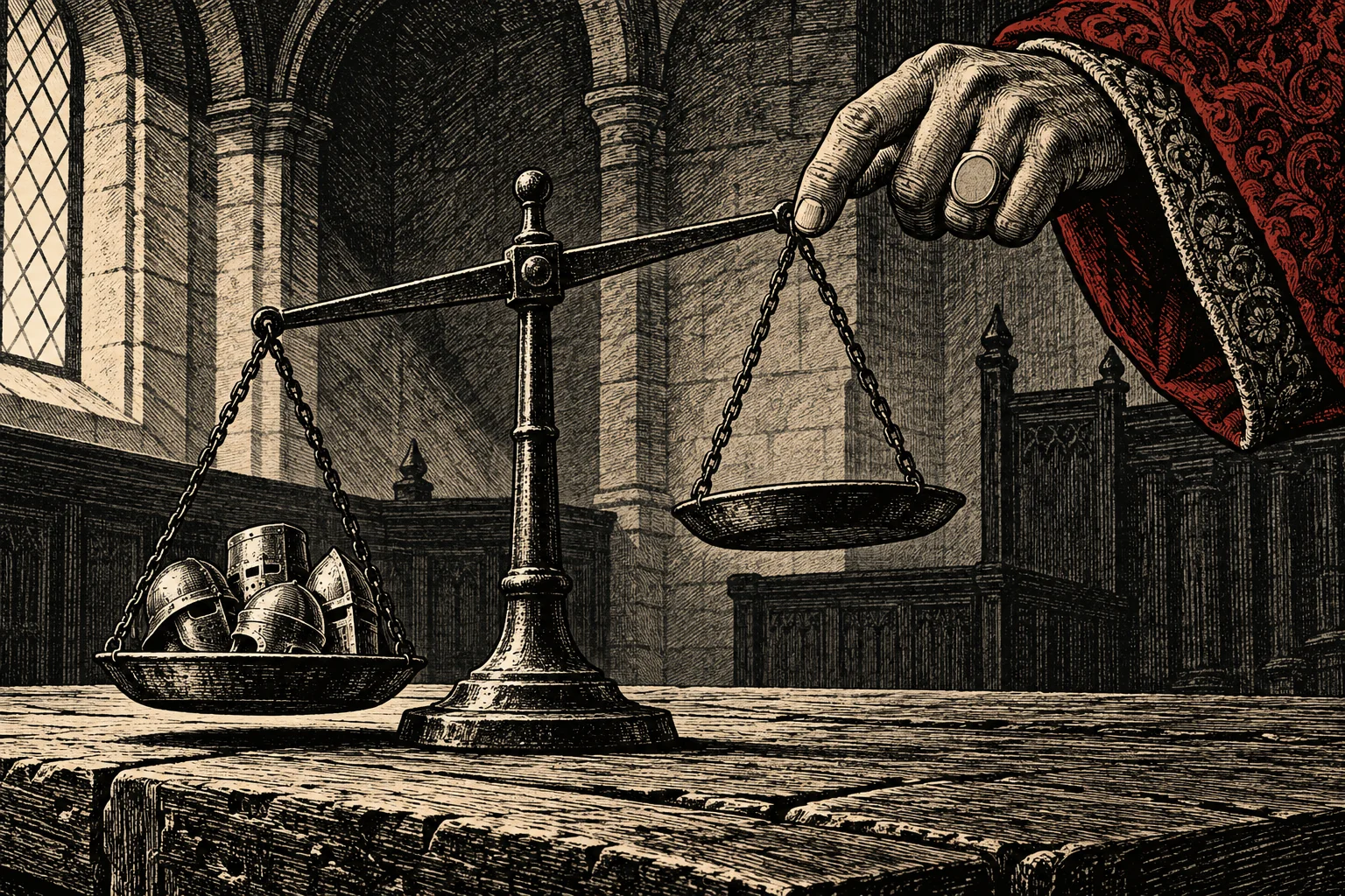 A robed hand presses one side of a balance scale while medieval helmets weigh down the opposite pan in a stone chamber.
