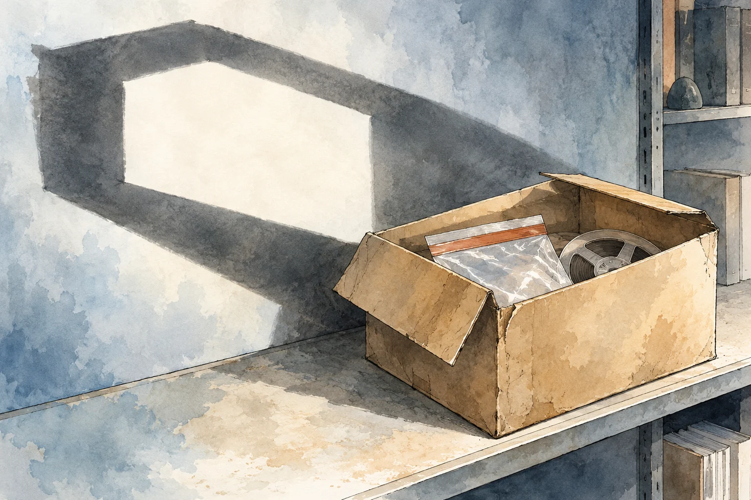 An open cardboard box holding a plastic bag and metal reel sits on a shelf, casting a large rectangular shadow on a blue-gray wall.
