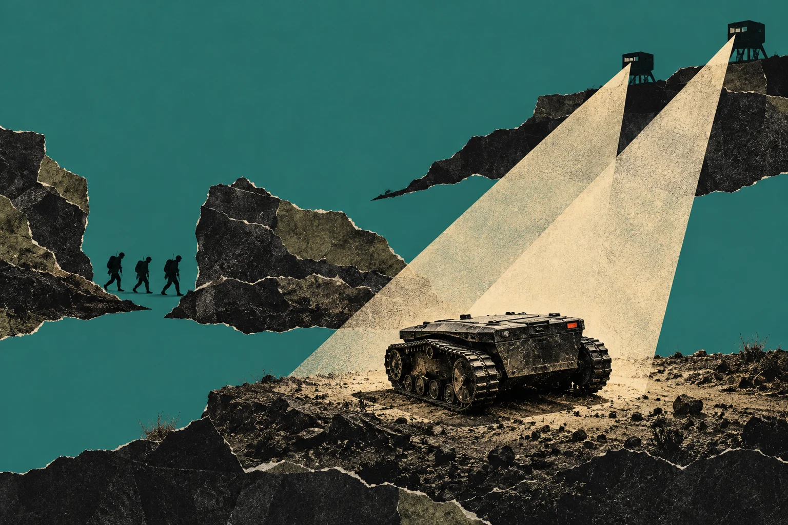 A tracked military robot sits on rocky terrain under beams from two watchtowers, while three silhouetted soldiers walk through a teal and black collage landscape.