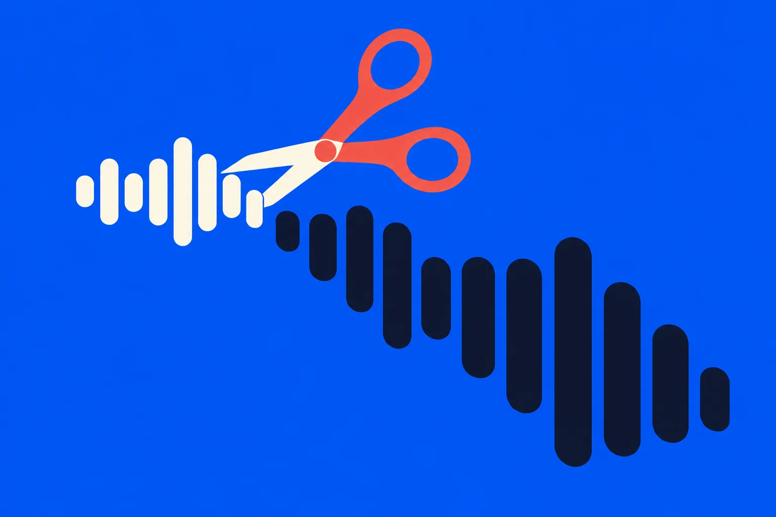 Red scissors cut a waveform of rounded vertical bars, with cream bars on the left and dark bars descending right against a bright blue background.