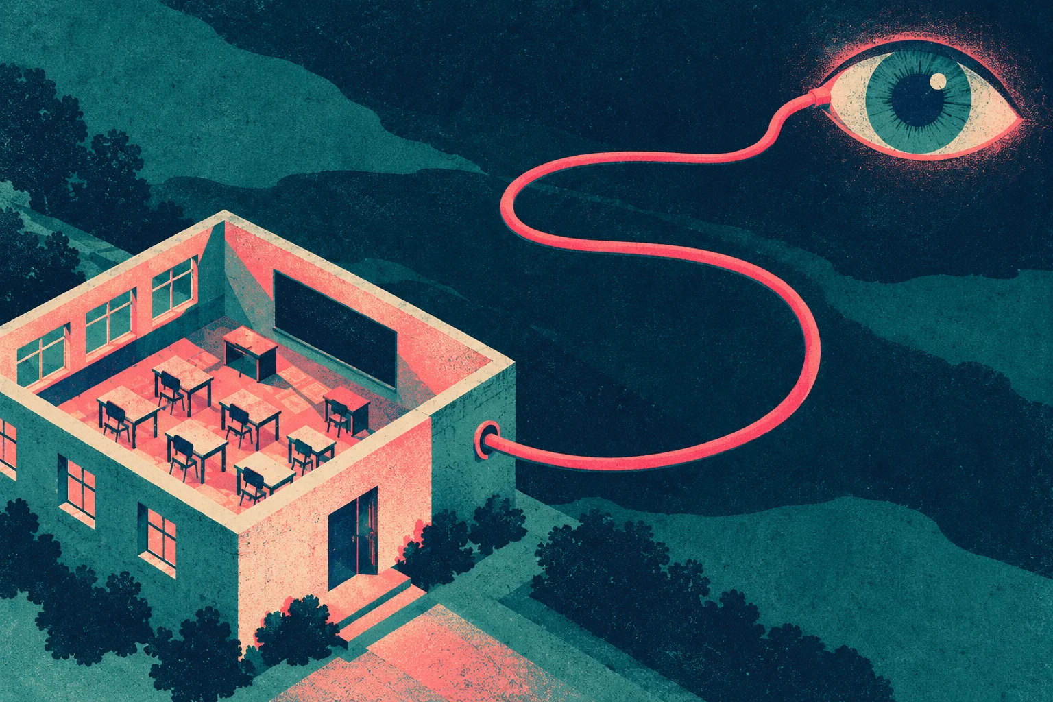 A roofless classroom with desks and a blackboard connects by a winding pink cable to a giant floating eye above a dark, wooded landscape.
