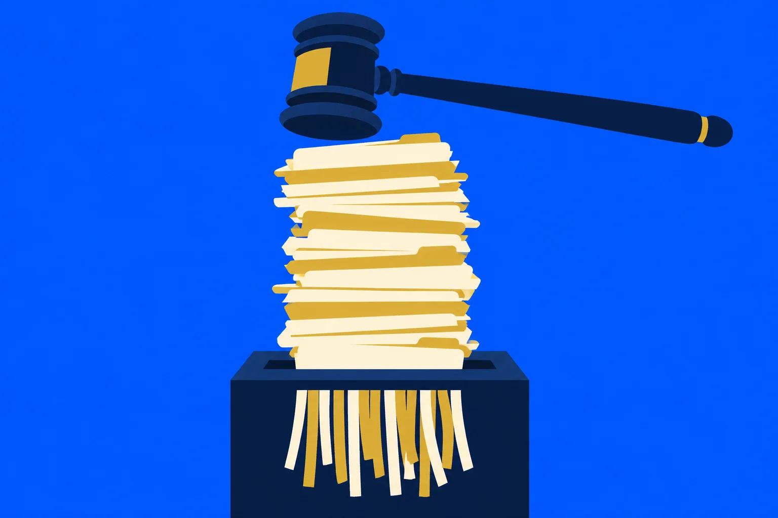 A dark blue gavel hovers above a tall stack of cream and gold folders entering a paper shredder against a bright blue background.