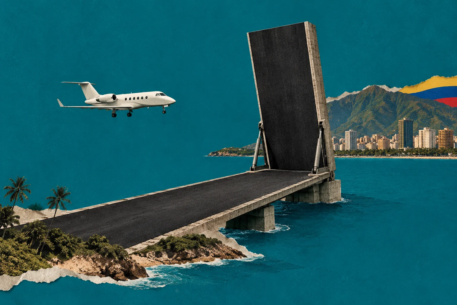 A private jet approaches a raised drawbridge over turquoise coastal waters, with palm trees, a mountainous city, and a Colombian flag in the background.