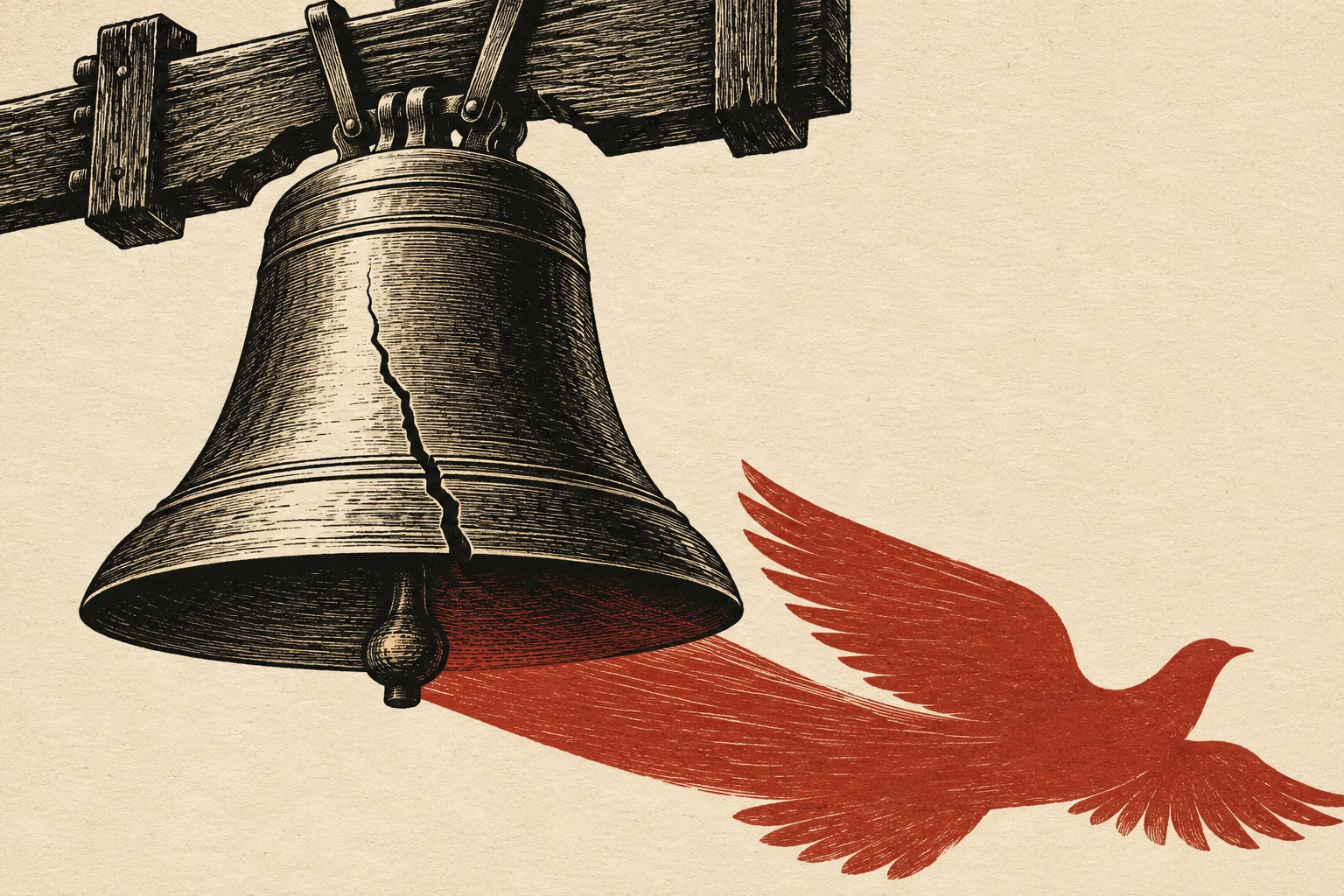 A vintage woodcut shows a cracked black bell hanging from a wooden beam, with a red bird flying outward beneath it on cream paper.