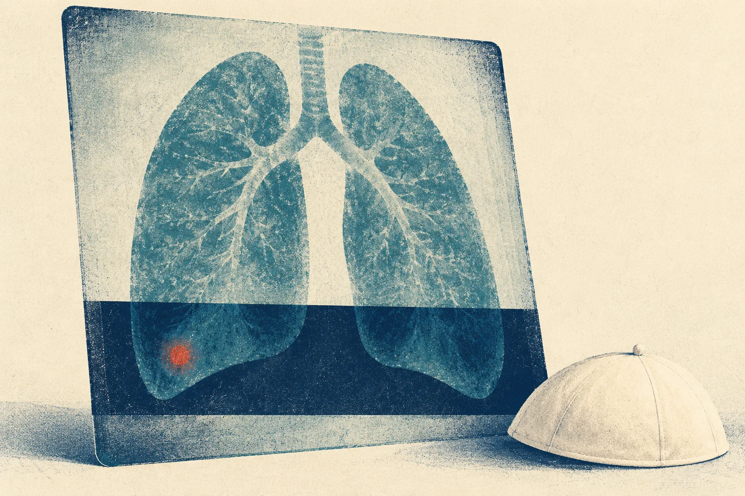A textured blue illustration shows a lung X-ray with a red spot near the lower left and a white cap beside it.