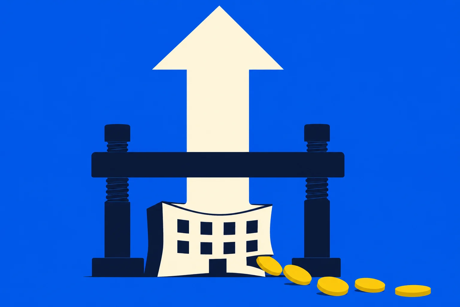 A press squeezes a stylized building beneath a large upward arrow, with gold coins spilling to the right against a blue background.