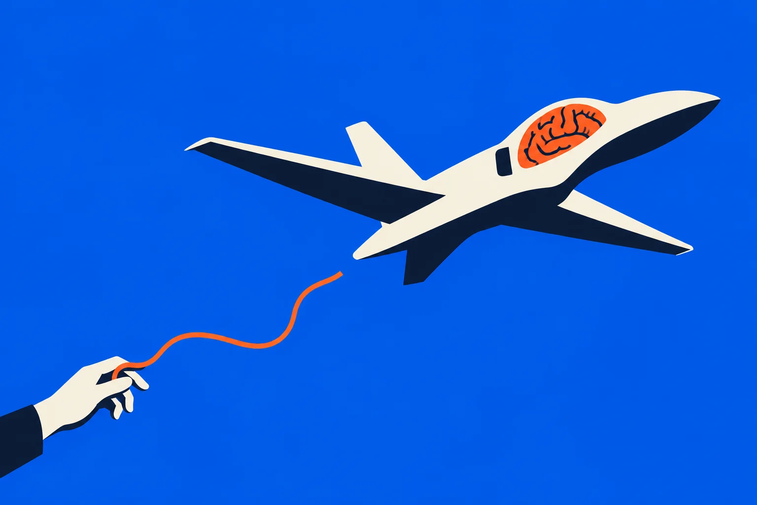 A hand holds an orange cord trailing toward a cream and navy airplane with an orange brain visible in its cockpit against a blue background.