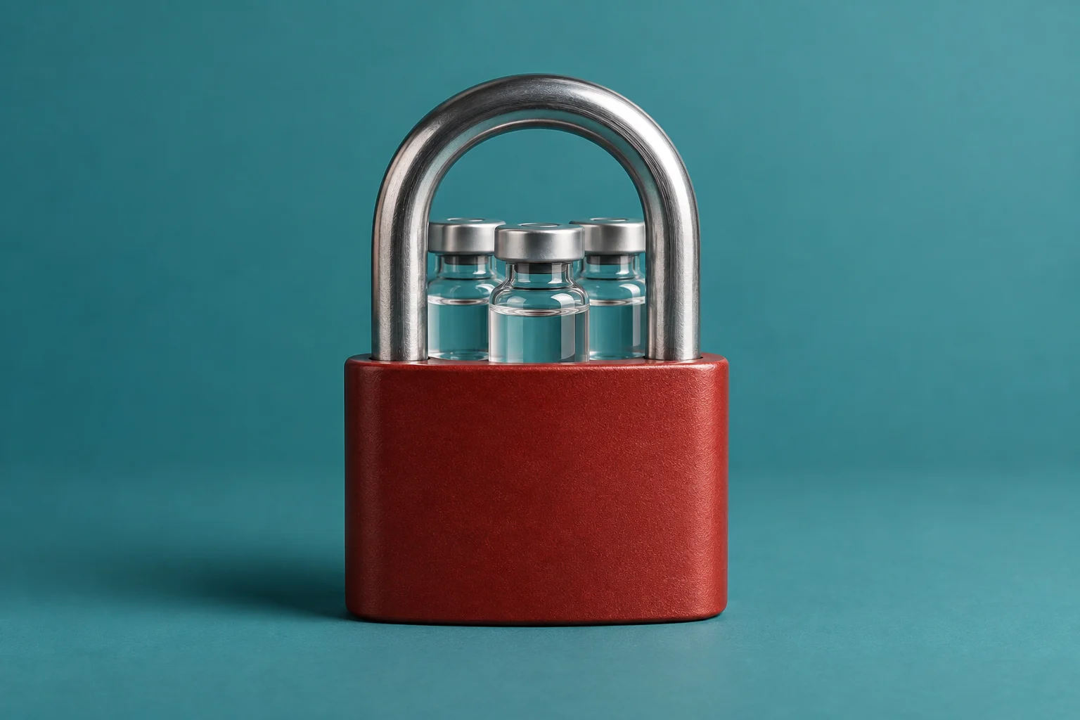 A red padlock with a silver shackle surrounds three small glass medicine vials against a teal background.