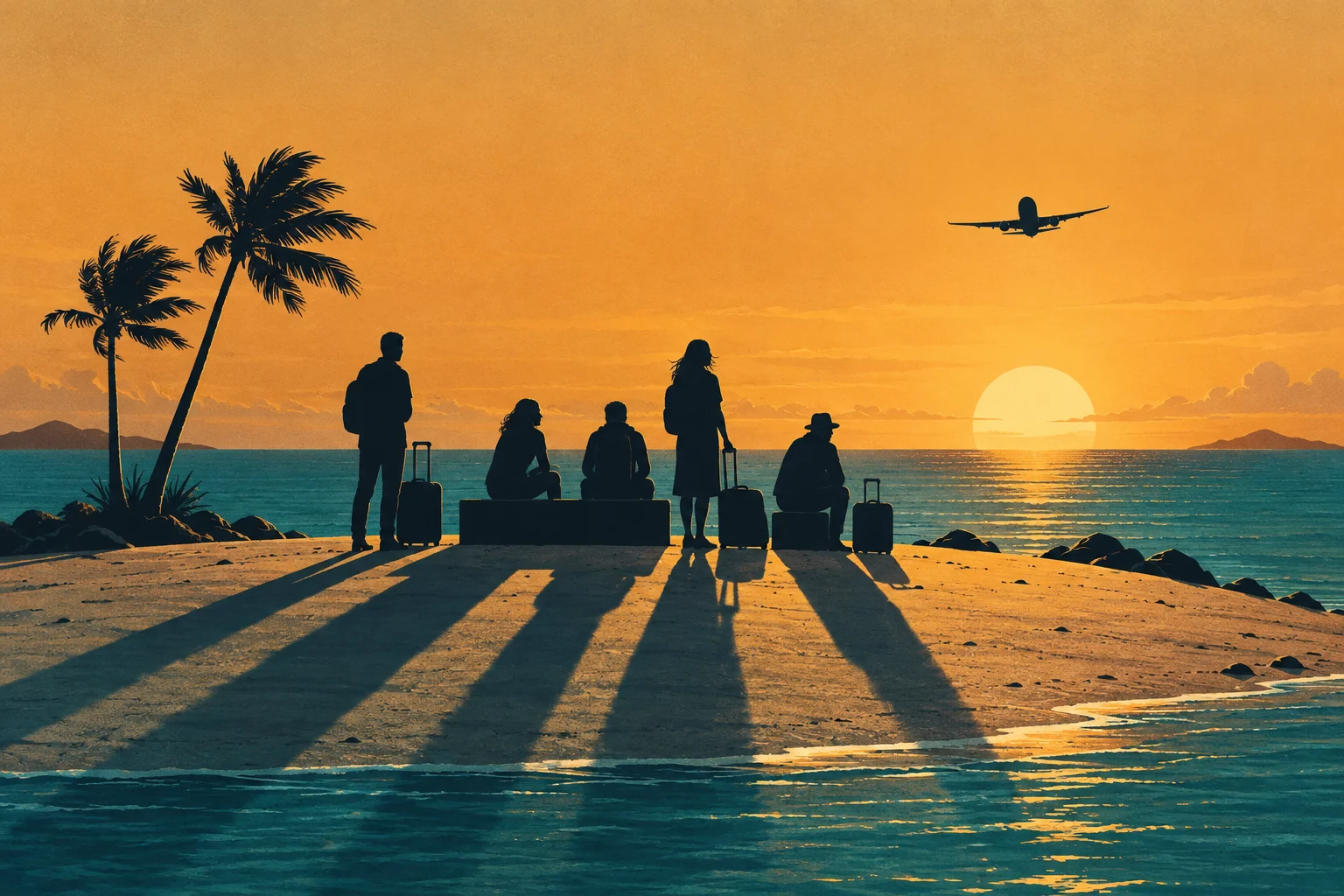 Five travelers with luggage stand or sit on a tropical beach at sunset, with palm trees, long shadows, turquoise water, and an airplane overhead.