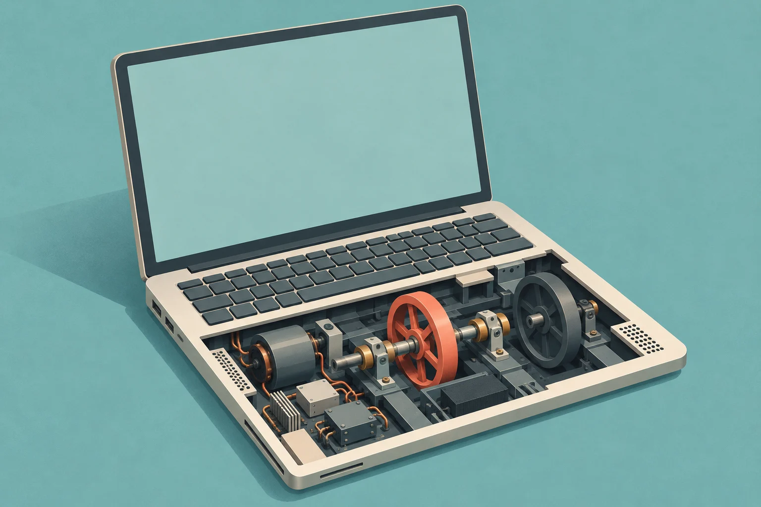 An open laptop with a blank screen has exposed mechanical components in its base, including two large wheels, shafts, wiring, and a motor.