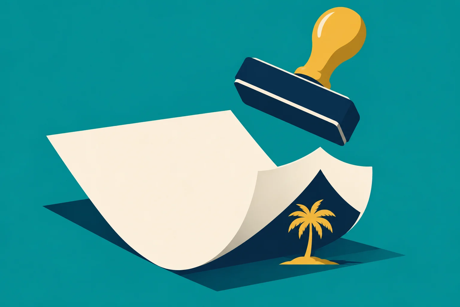 A yellow-handled stamp hovers over a curling cream sheet with a navy section and golden palm tree, against a teal background.