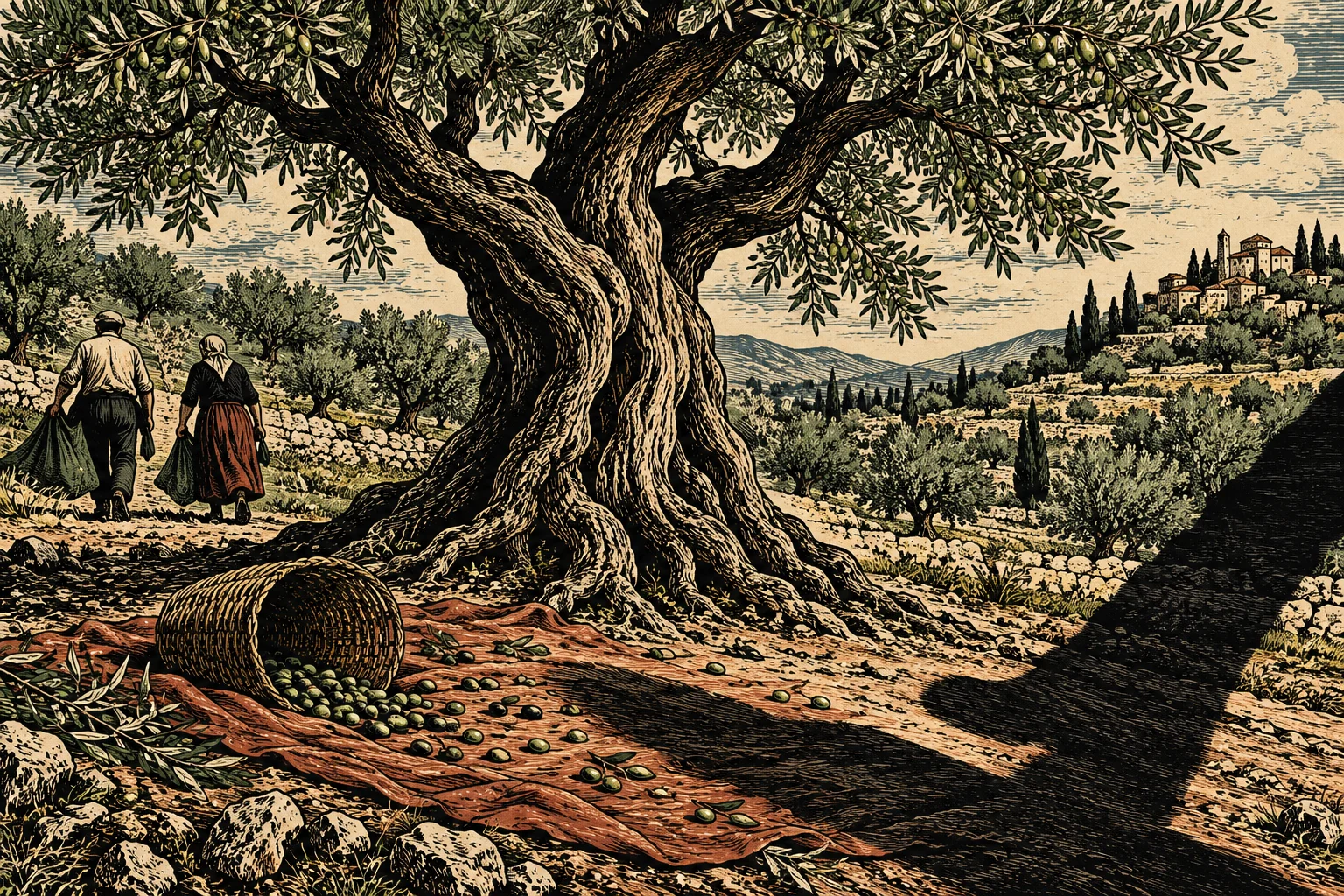 A woodcut-style scene shows an ancient olive tree, a tipped basket spilling olives onto a cloth, two departing harvesters, and a distant hillside village.