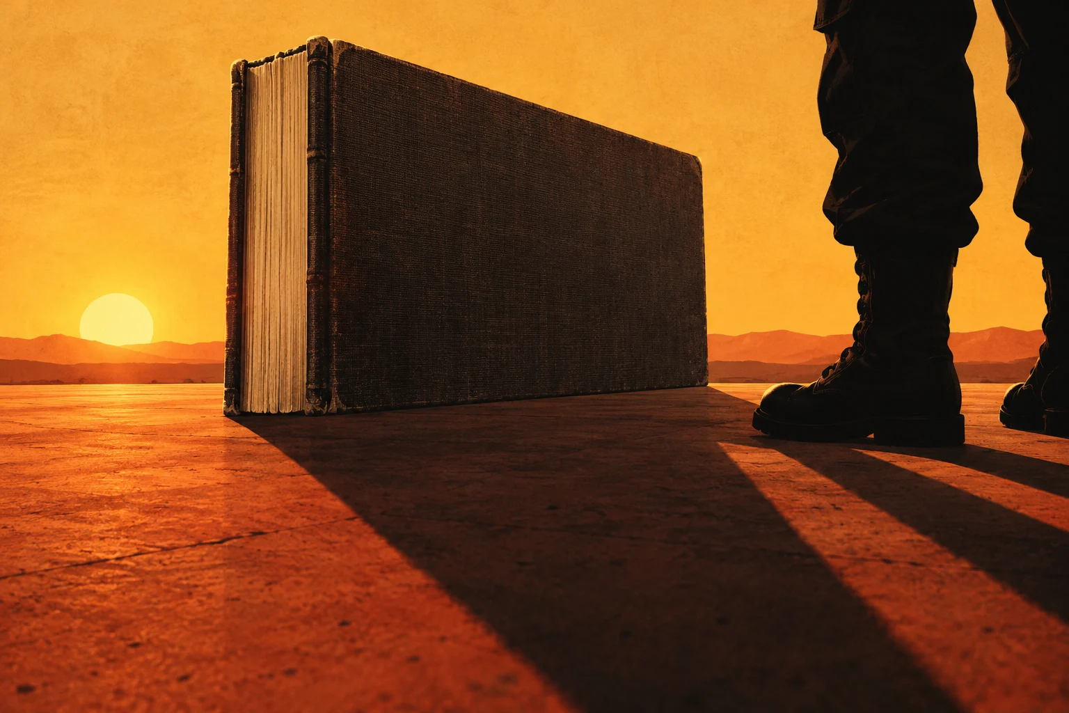 A large, worn book stands upright beside a person's black boots in an orange desert sunset, casting long shadows across the ground.