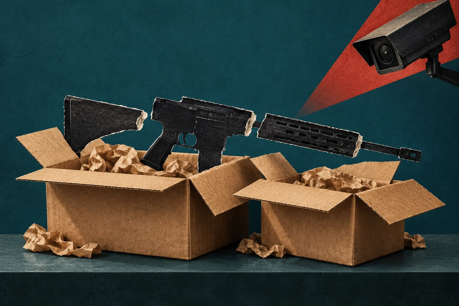 A disassembled rifle floats above two open cardboard boxes with crumpled packing paper, while a surveillance camera overlooks them against a teal background with a red beam.