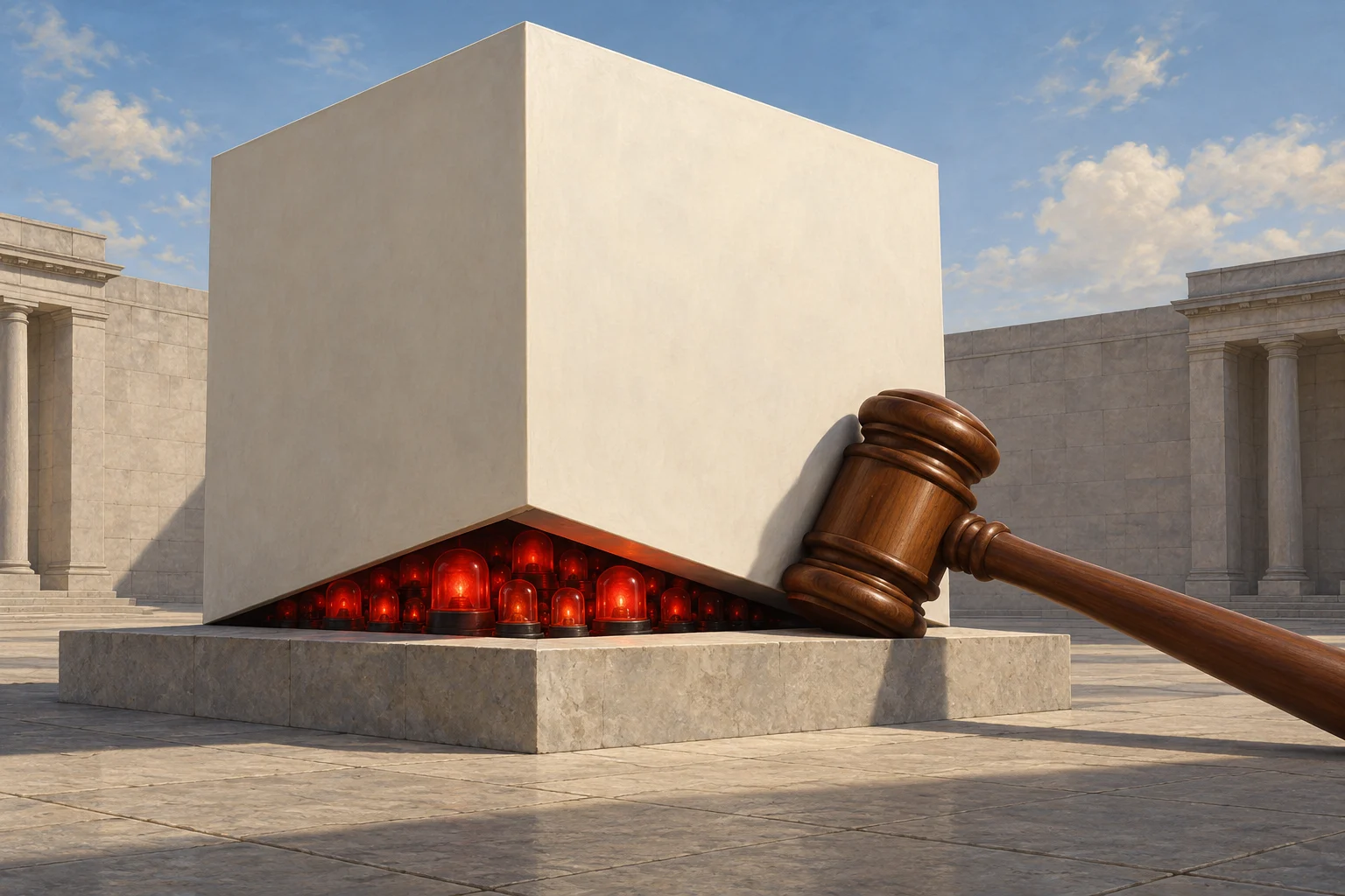 A large blank stone cube shelters glowing red warning lights beneath its raised edge, with a wooden judge’s gavel leaning against it in a classical courtyard.