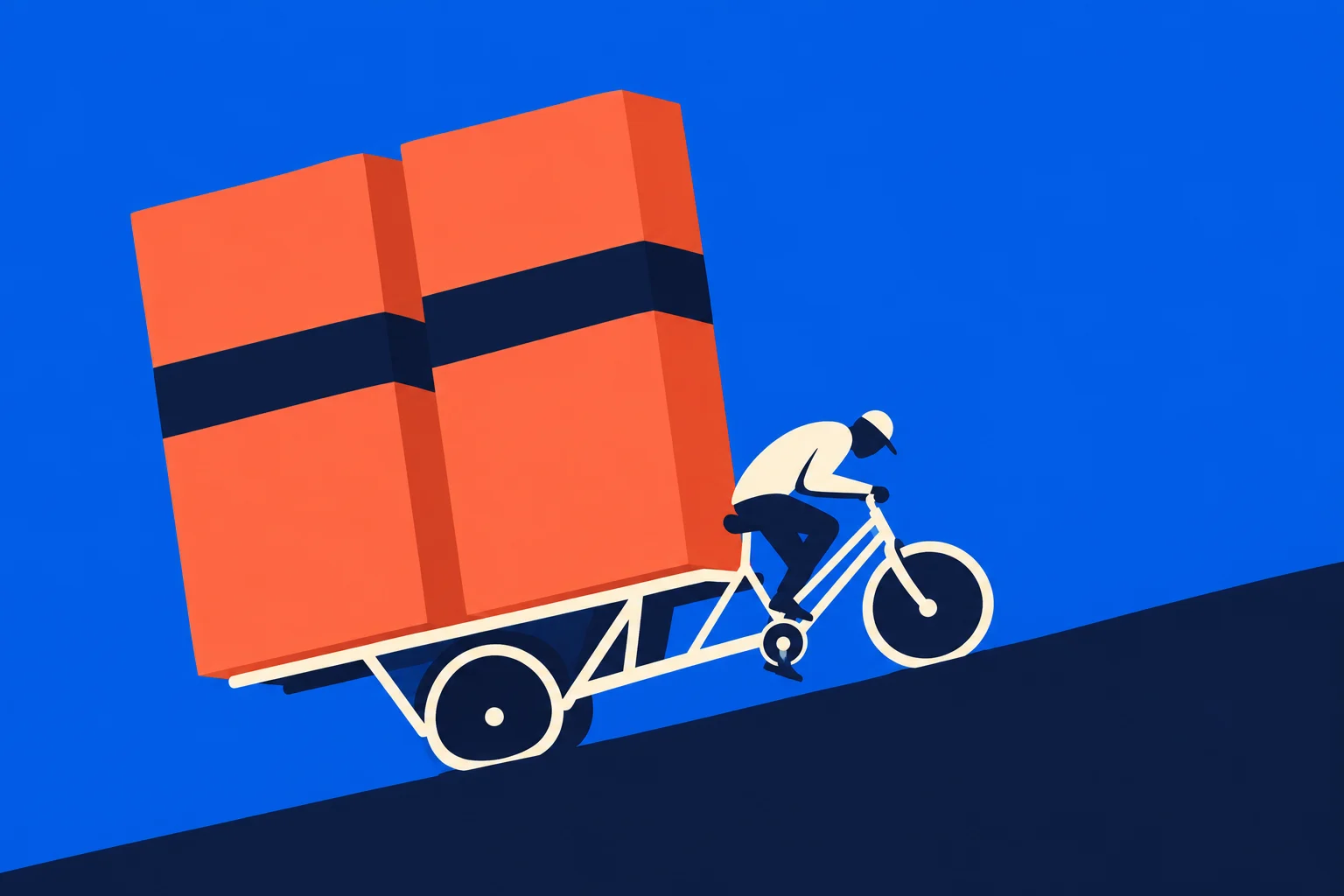 A cyclist pedals a cargo bicycle carrying two enormous orange boxes up a dark slope against a bright blue background.
