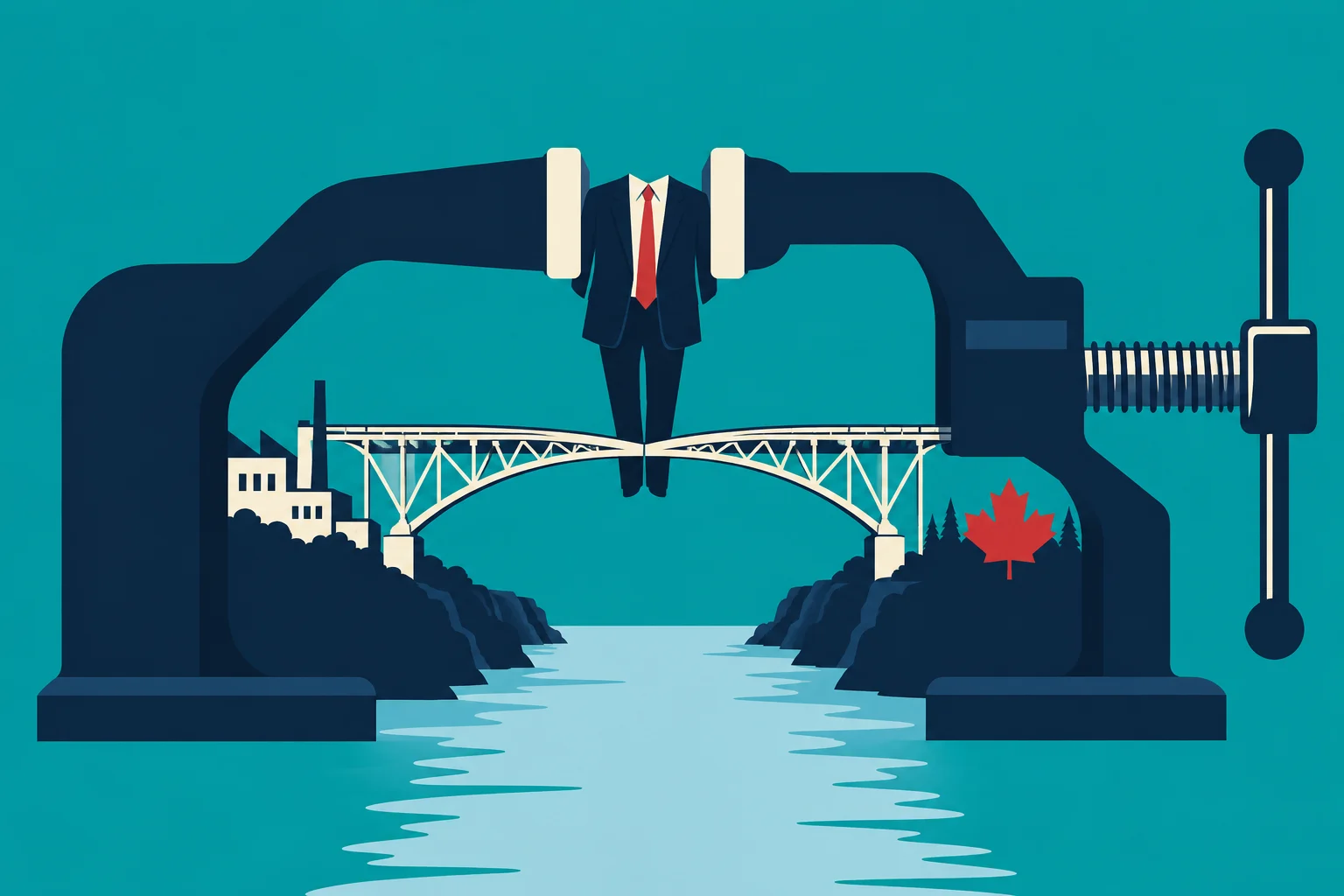 A large clamp squeezes a headless businessman above an arched bridge spanning a river, with factories on one bank and a red maple leaf on the other.