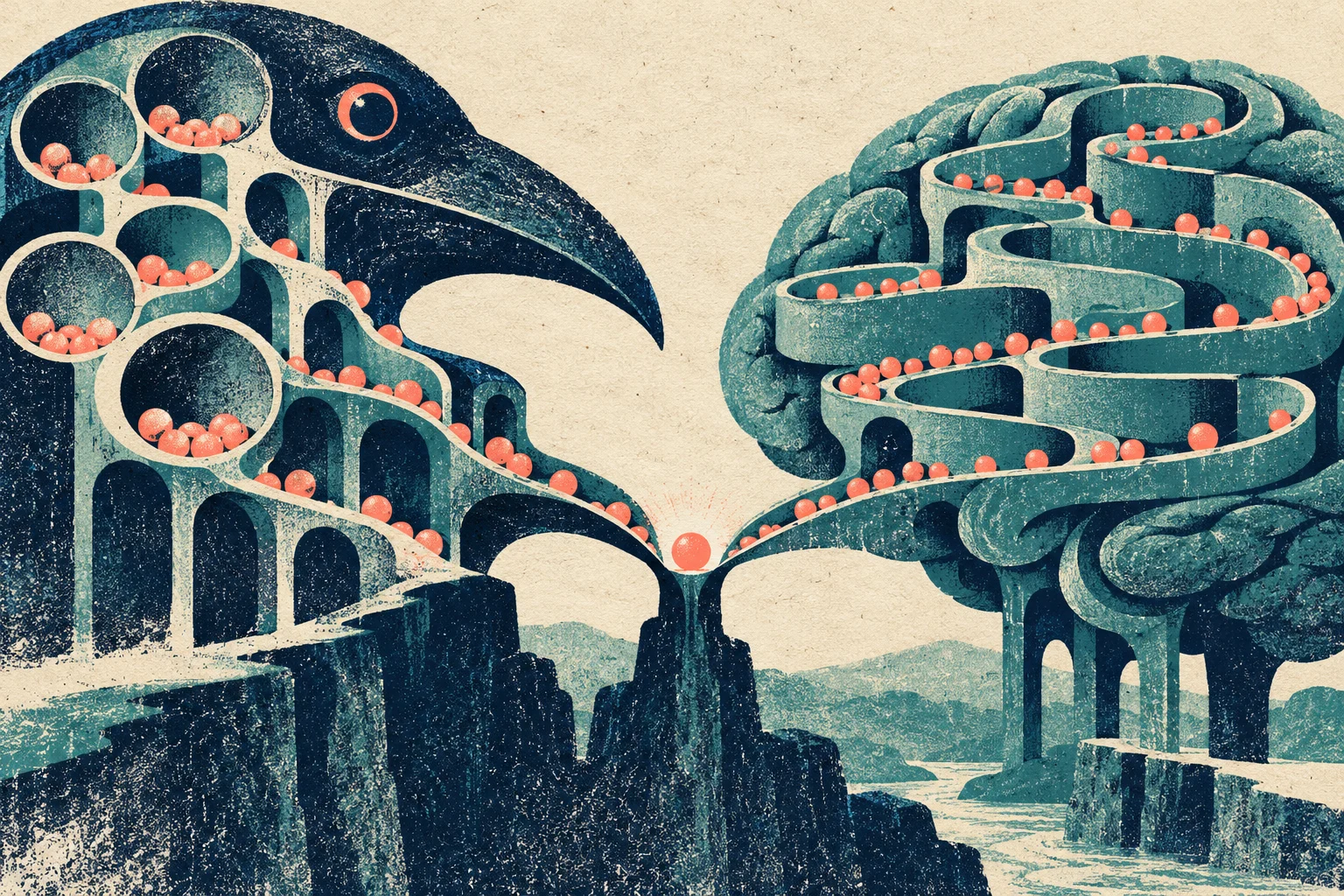 Coral balls travel along winding teal pathways connecting a bird-shaped structure and a brain-shaped structure above a rocky landscape.
