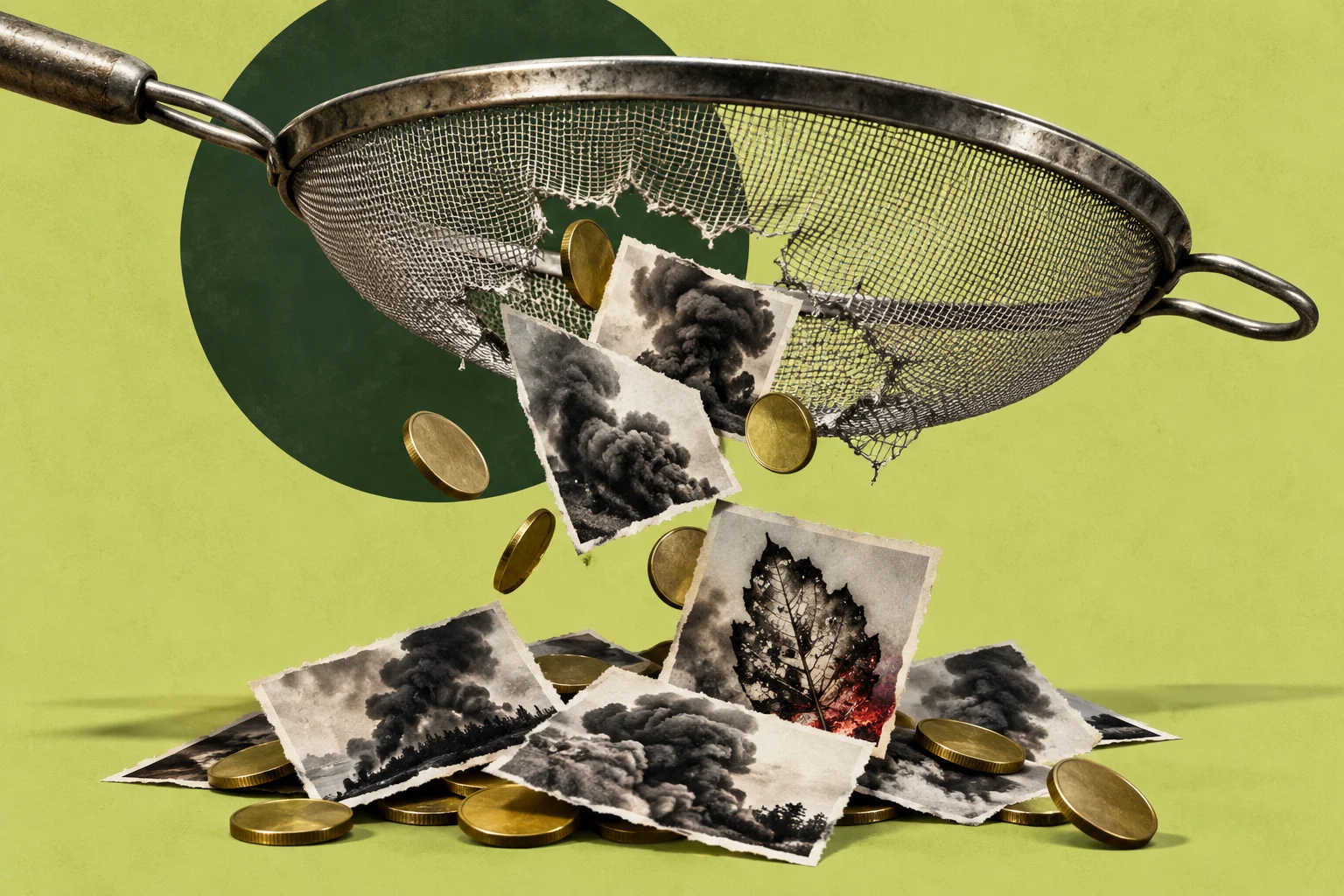 A torn metal sieve lets gold coins and photographs of smoke and a burning leaf fall onto a pile against a yellow-green background.