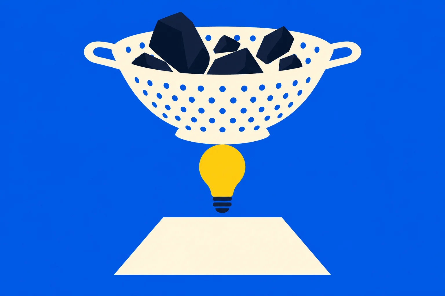 A cream colander holding dark rocks floats above a yellow light bulb and cream trapezoid on a bright blue background.