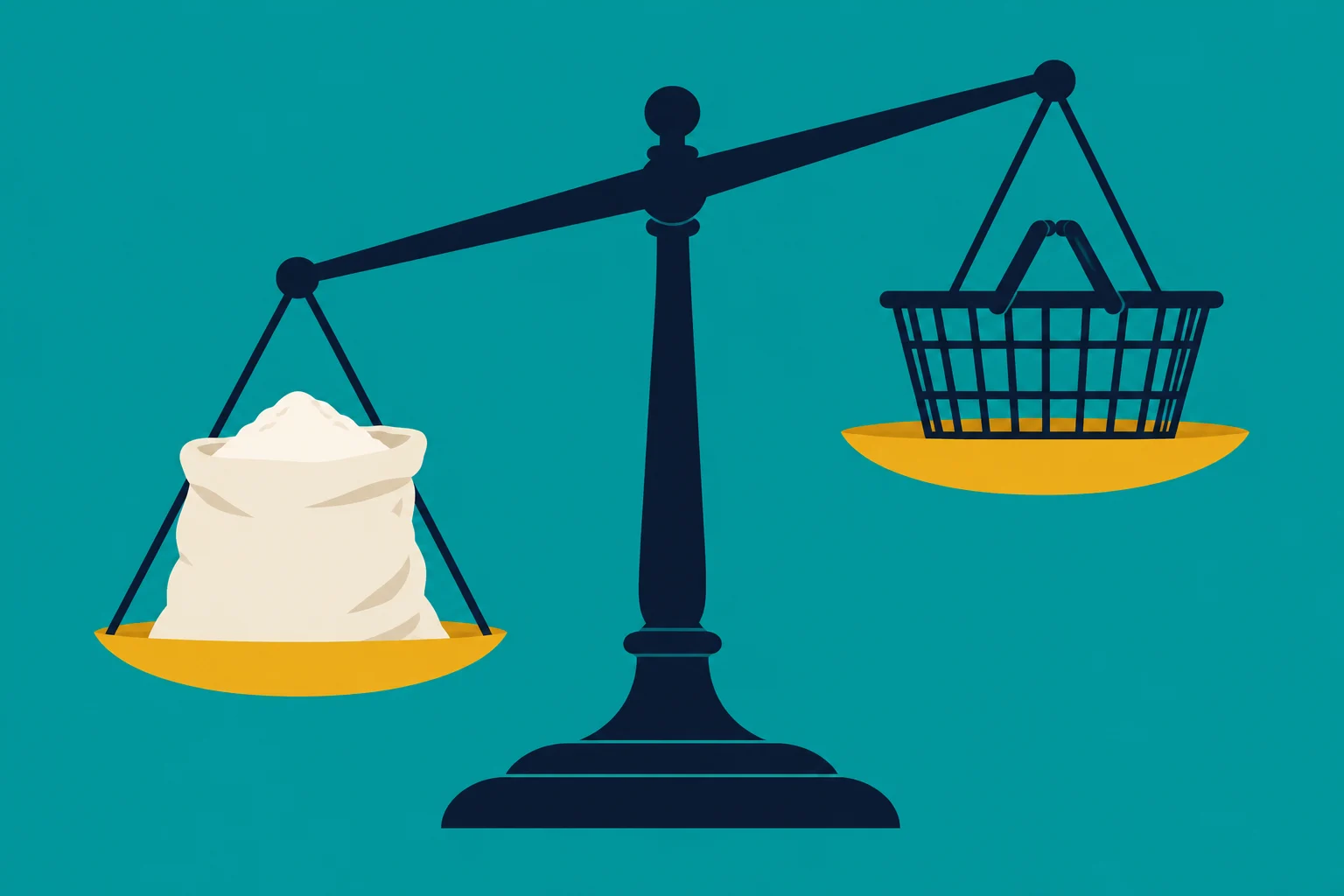 A balance scale tilts toward a heavy sack of white powder on the left, while an empty shopping basket sits higher on the right.