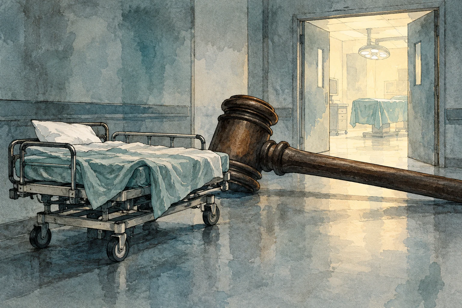 A watercolor hospital corridor contains an empty wheeled bed beside an oversized wooden gavel, with open doors revealing a brightly lit operating room.