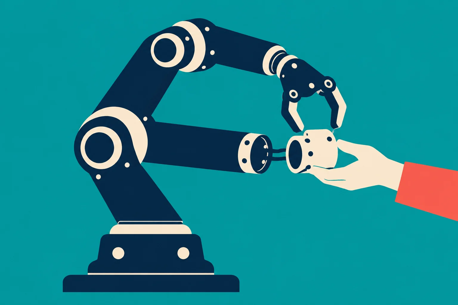 A dark blue robotic arm holds a cream-colored mug while a human hand reaches to receive it against a teal background.