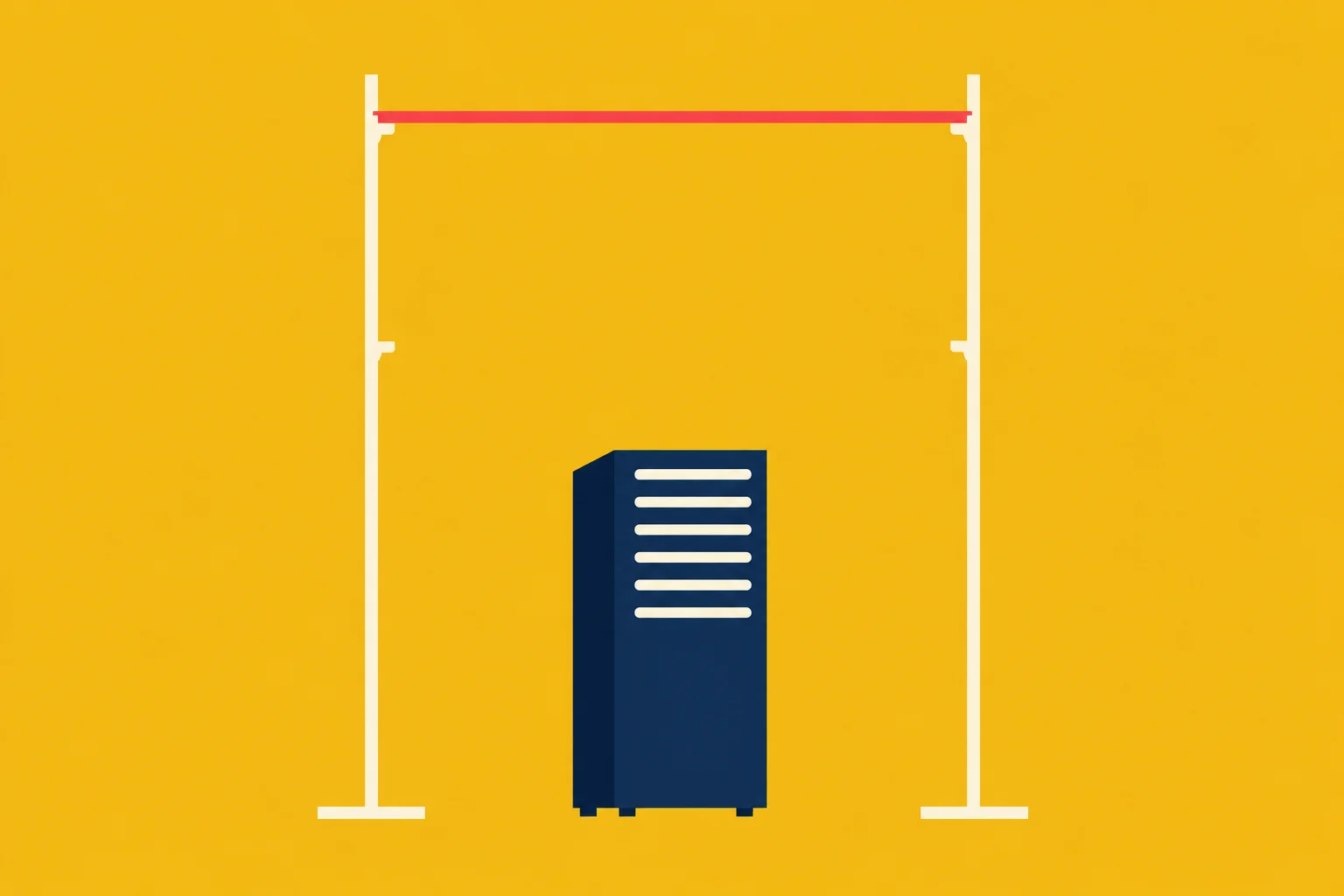 A dark blue cabinet with six cream horizontal slots stands between two cream posts connected by a red bar against a yellow background.