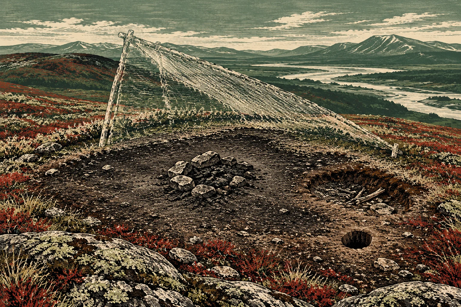 A woodcut-style tundra landscape shows a sloping net shelter, a stone fire ring, and pits overlooking a winding river and distant mountains.