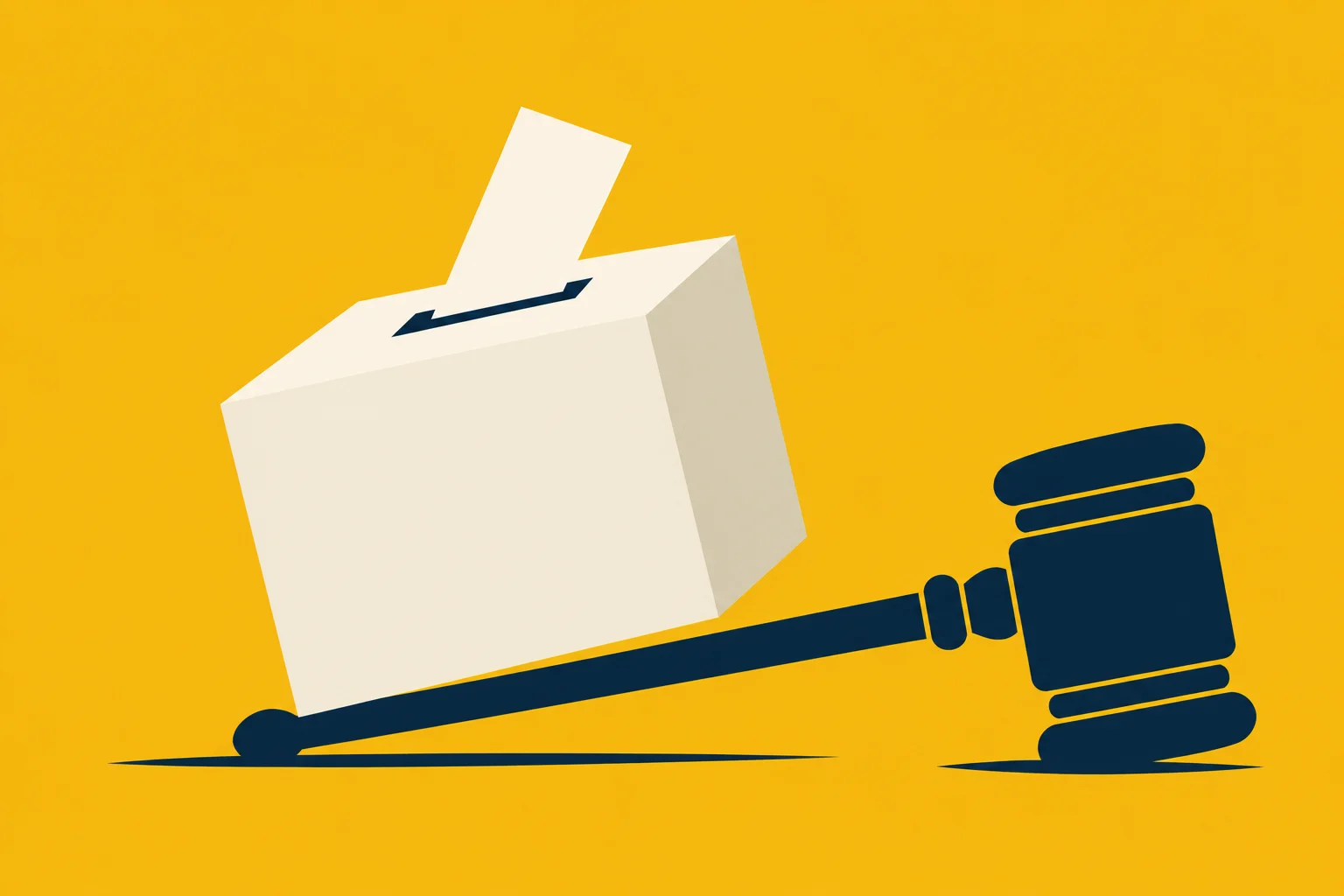 A cream ballot box with a ballot sticking out rests on the raised handle of a dark blue judge’s gavel against a yellow background.