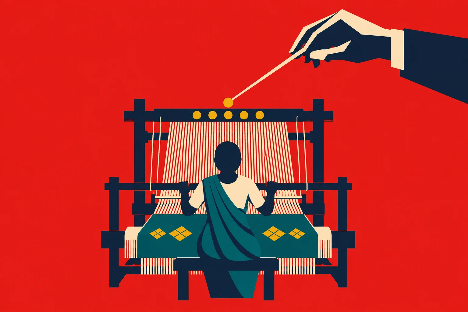 A seated weaver works at a loom while a giant hand above controls it with a thin rod against a bright red background.