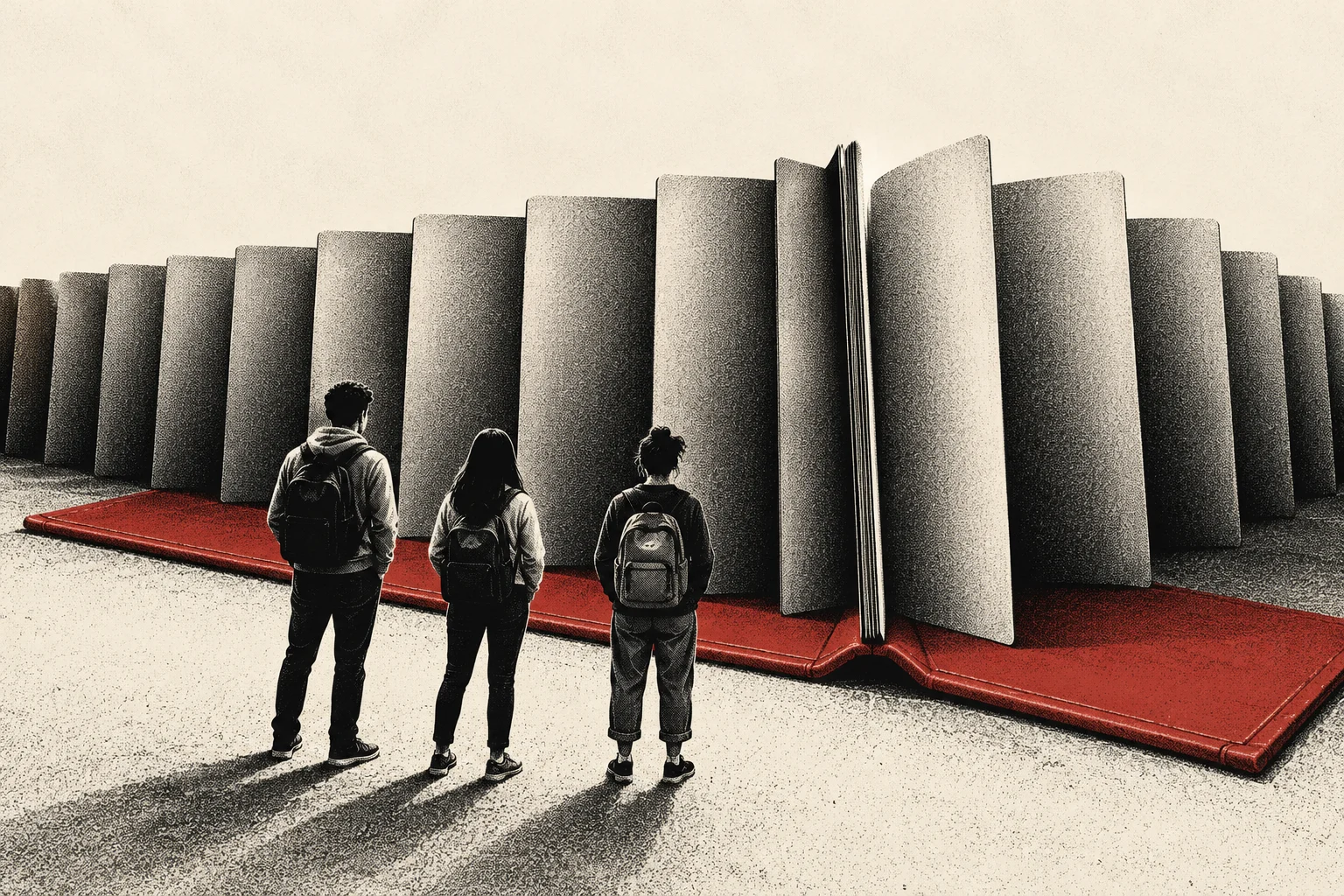 Three backpack-wearing people face a monumental open book with towering pages and a red cover, rendered in a grainy black-and-cream illustration.