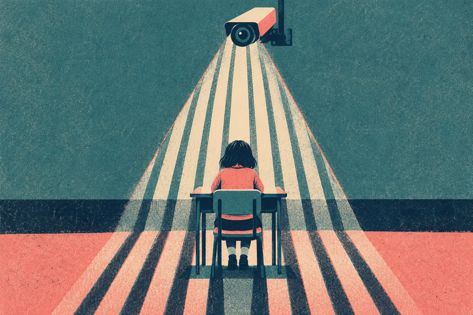 A surveillance camera casts prison-bar-like beams over a person seated at a desk in a textured illustration.