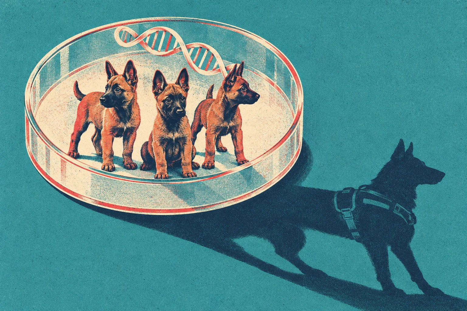 Three German shepherd puppies sit in a petri dish beneath a DNA helix, casting a shadow shaped like an adult working dog wearing a harness.