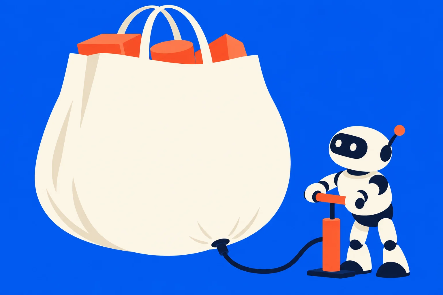A small white robot uses an orange hand pump to inflate an enormous cream shopping bag filled with orange objects against a bright blue background.