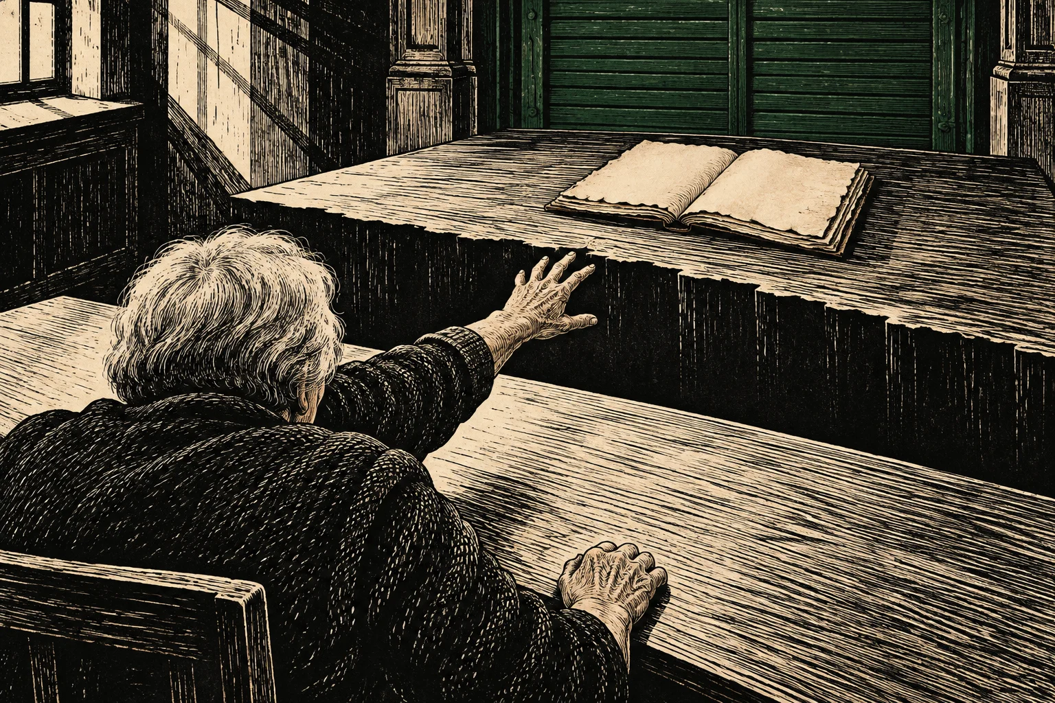 An elderly person seated at a wooden desk reaches toward an open blank book on a raised counter in a shadowy, woodcut-style room.