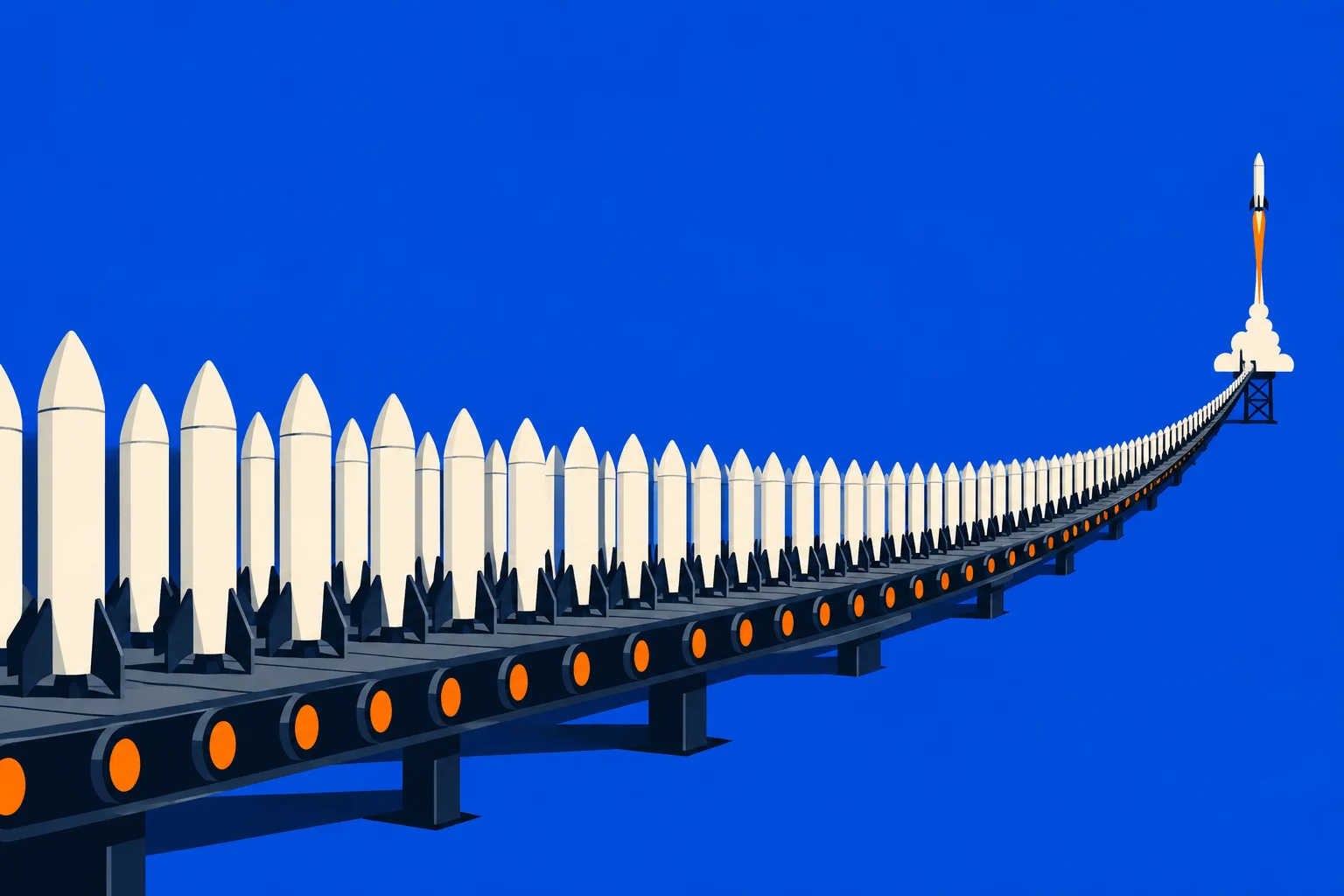 A long conveyor belt carries rows of cream-colored rockets toward a launch platform, where one rocket blasts upward against a bright blue background.