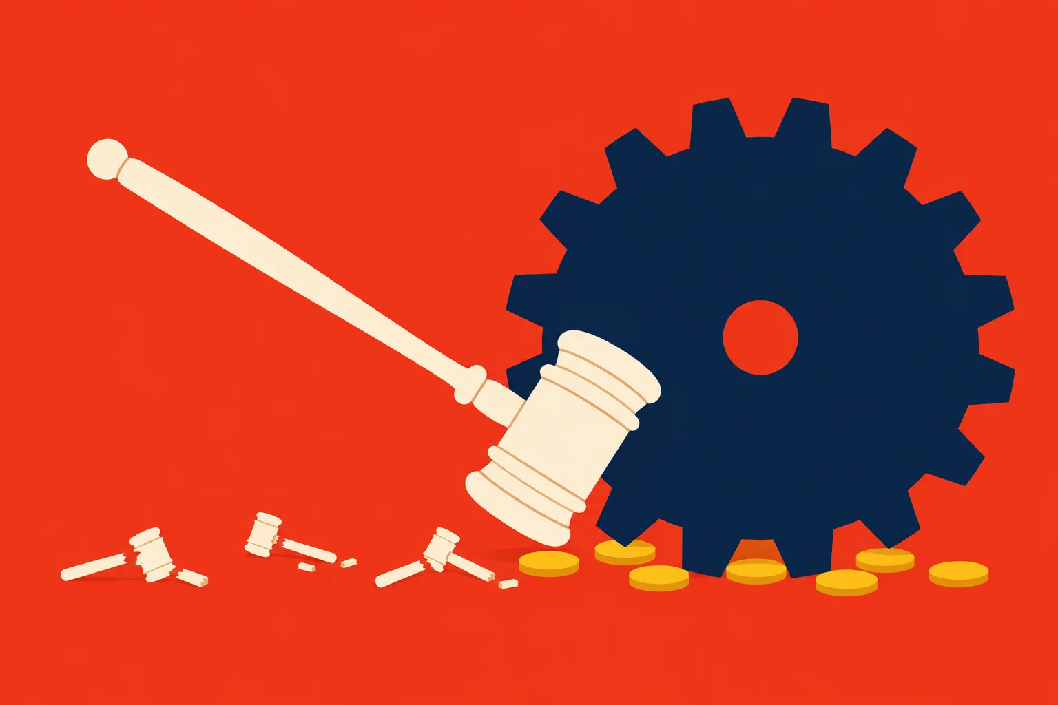A large cream gavel strikes a dark blue gear surrounded by gold coins, with three broken smaller gavels scattered across a red background.