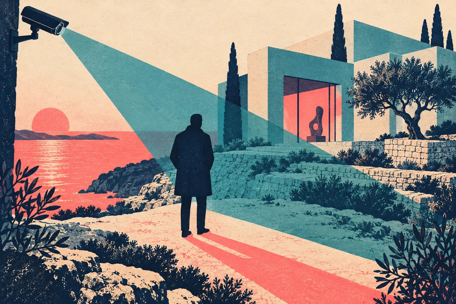 A surveillance camera casts a teal beam over a silhouetted person approaching a modern coastal house amid stone terraces and trees at sunset.