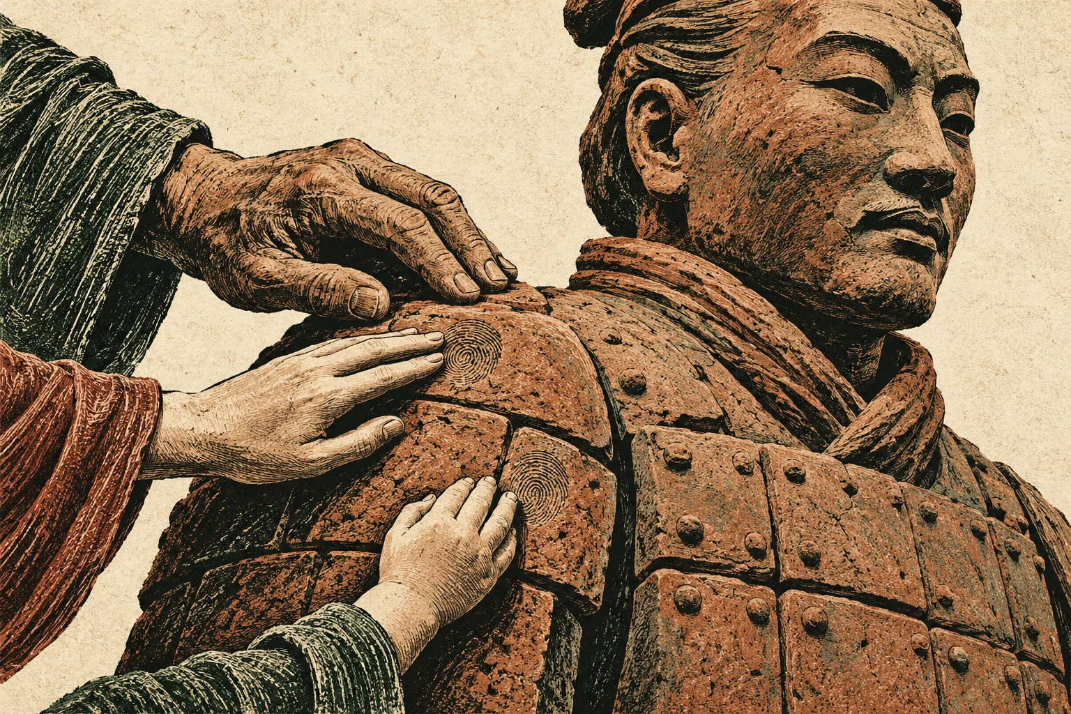 Three hands touch the shoulder armor of a terracotta warrior, with fingerprint patterns visible on two armor plates.