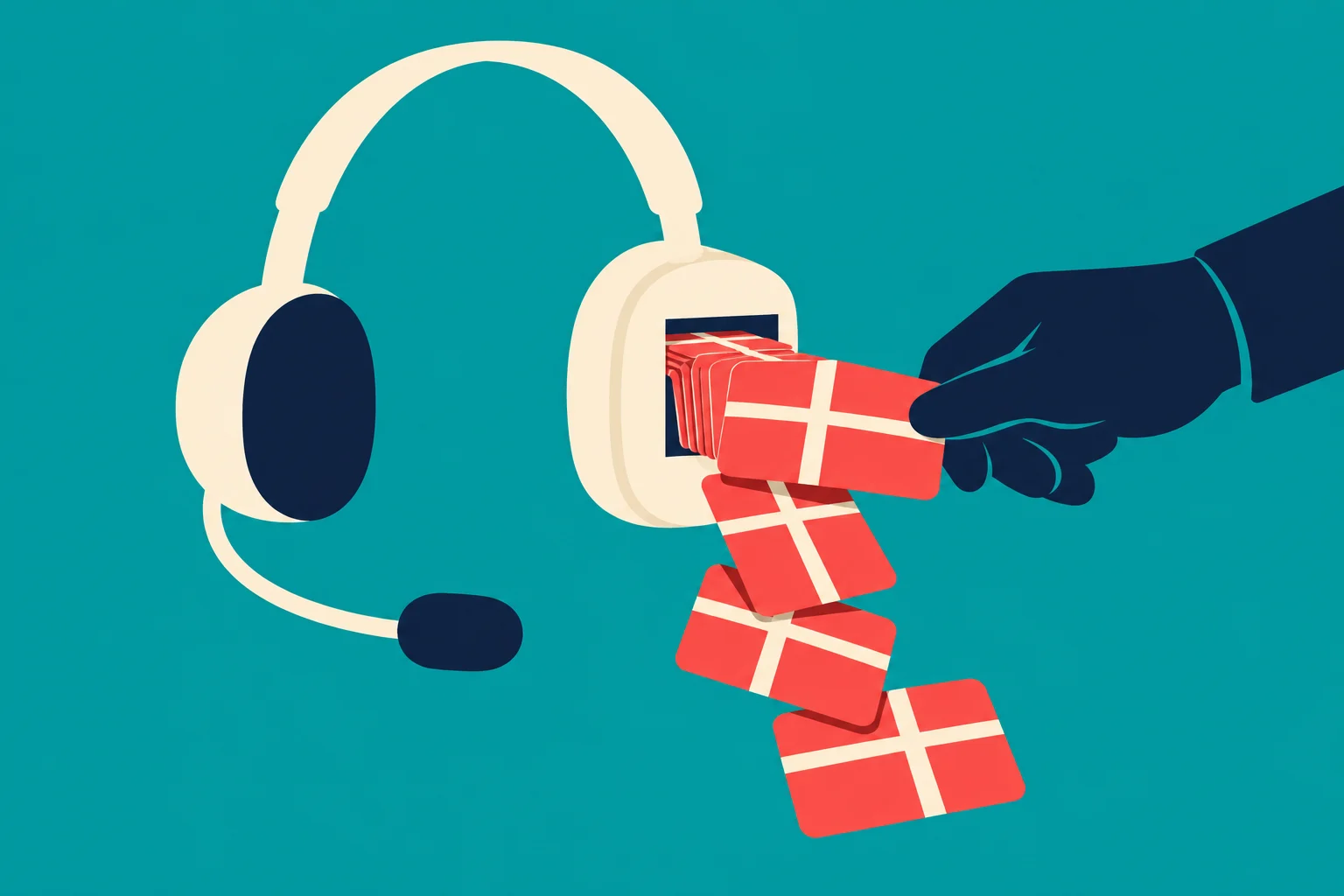 A dark blue gloved hand pulls red gift cards with cream ribbons from a cream headset against a teal background.