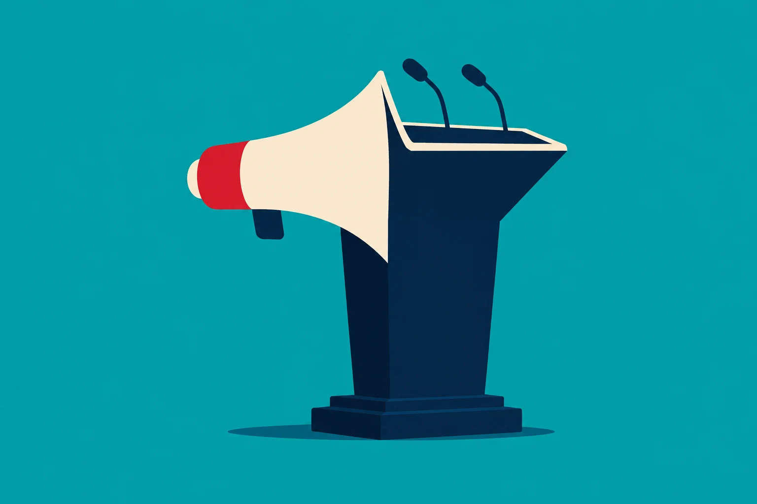 A cream and red megaphone merges with a dark blue podium topped by two microphones against a teal background.