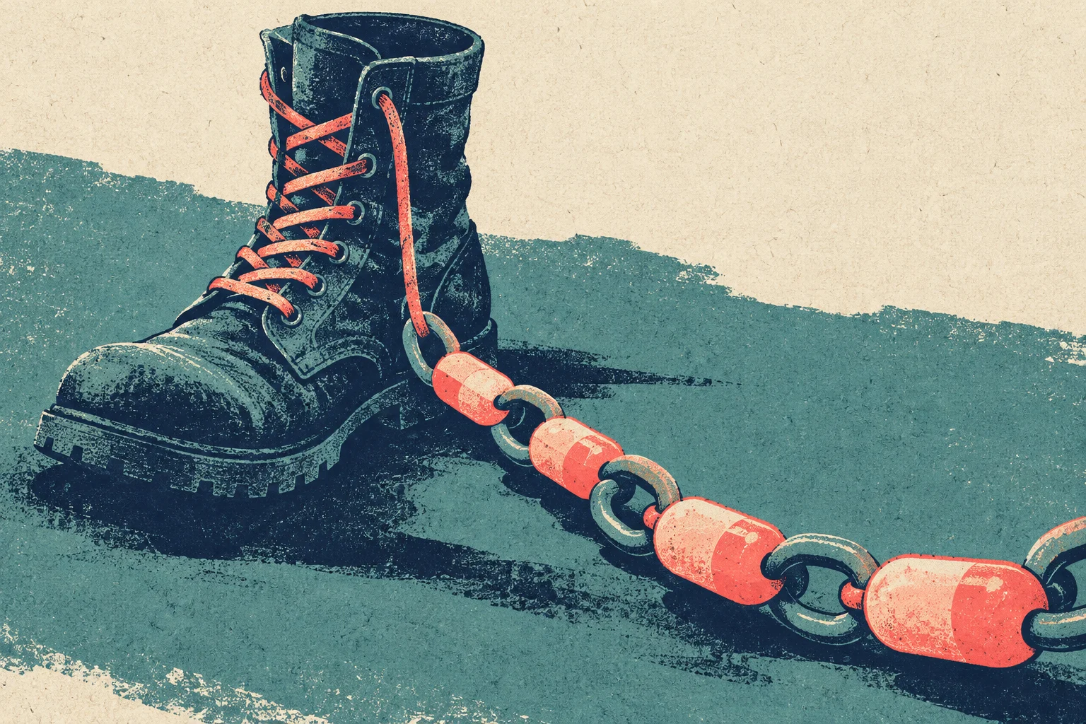 A distressed illustration shows a black combat boot with orange laces attached to a heavy chain with orange links on a teal surface.