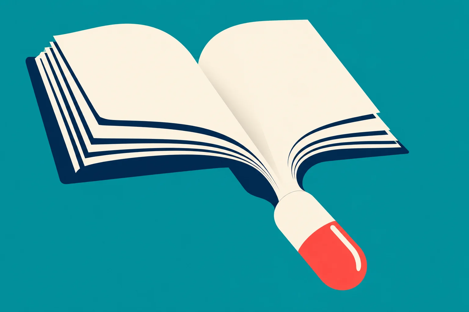 An open book with cream pages and a navy cover transforms into a red and cream capsule against a teal background.