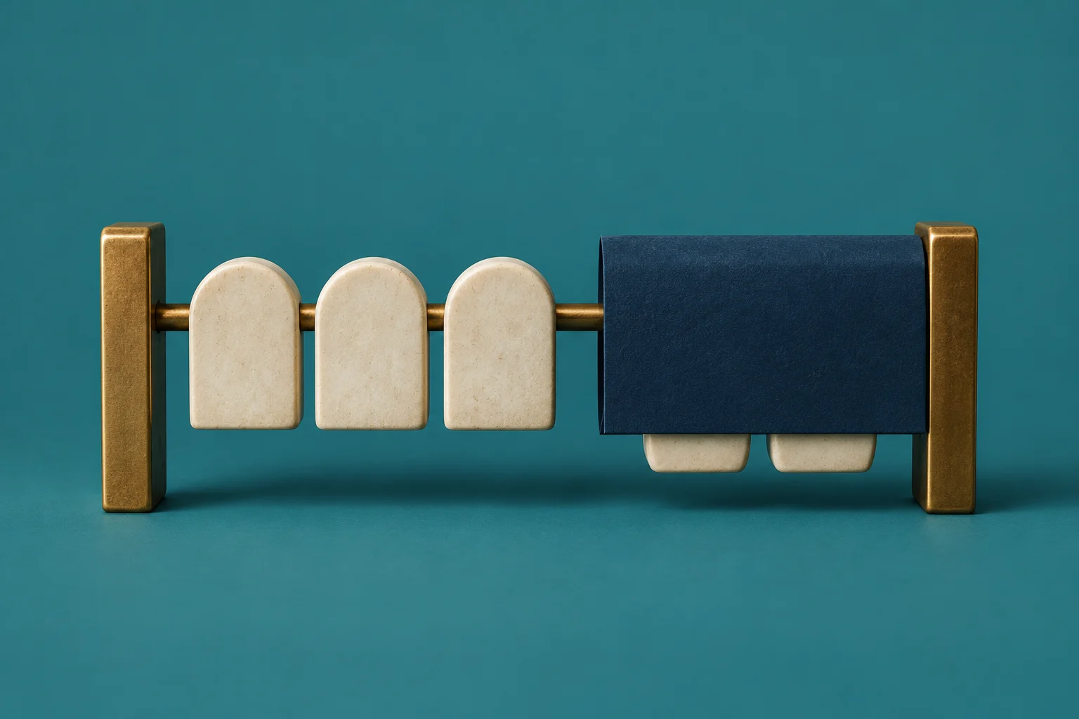Three cream-colored rounded tiles hang from a brass rod between gold posts, while a dark blue cover conceals two more tiles on a teal background.