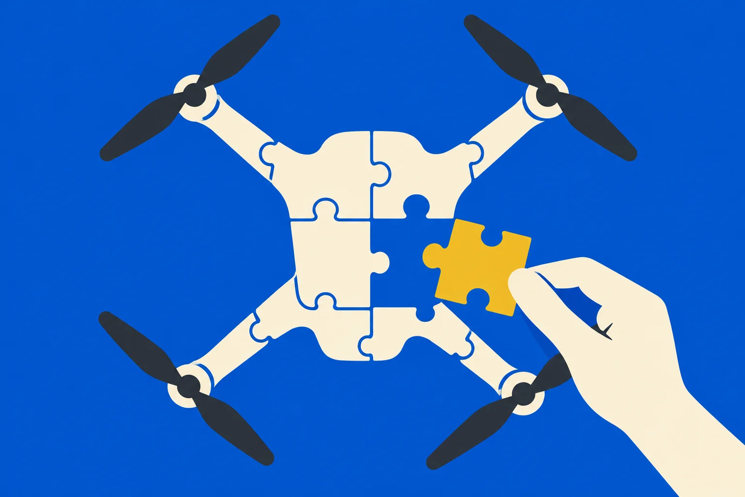 A hand places a yellow puzzle piece into a cream-colored quadcopter drone assembled from jigsaw pieces against a blue background.