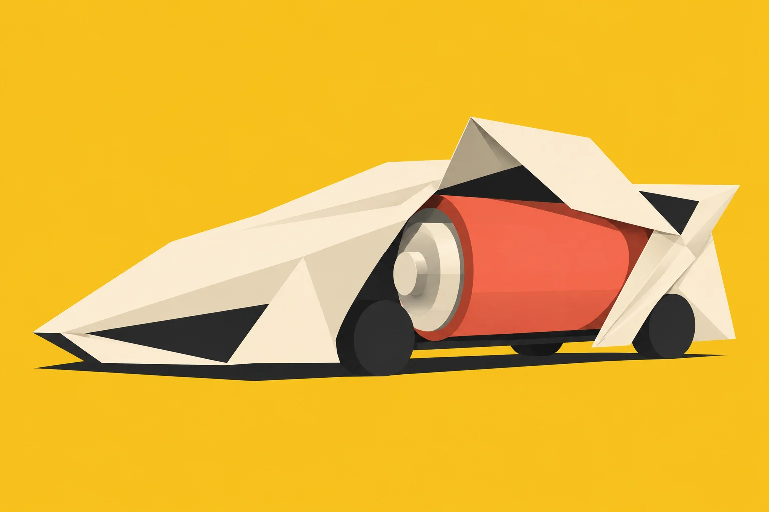 A stylized angular cream racing car with a large red cylindrical battery forming its body sits against a bright yellow background.
