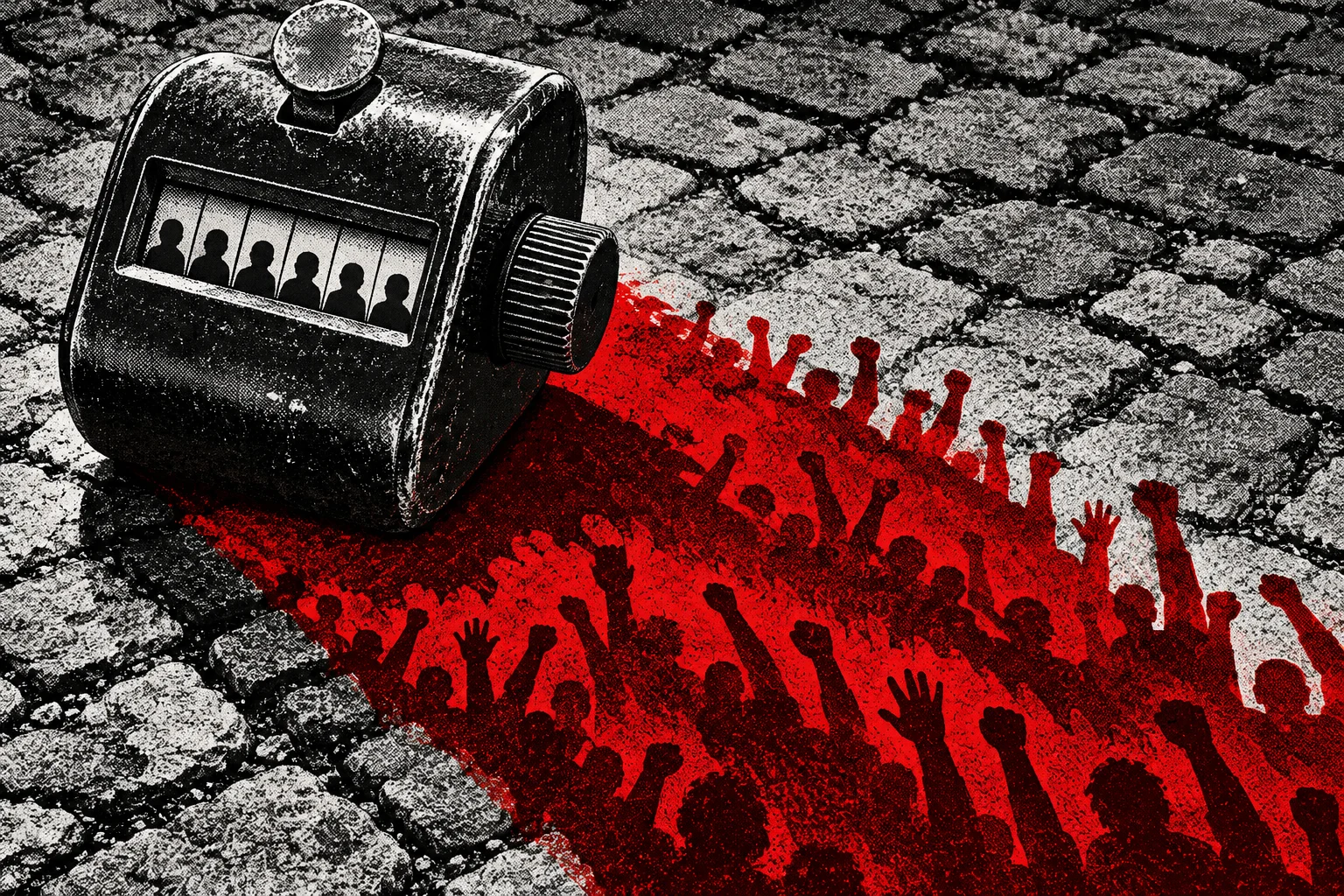 A battered tally counter rests on cobblestones, casting a red shadow filled with silhouettes of people raising their fists and hands.