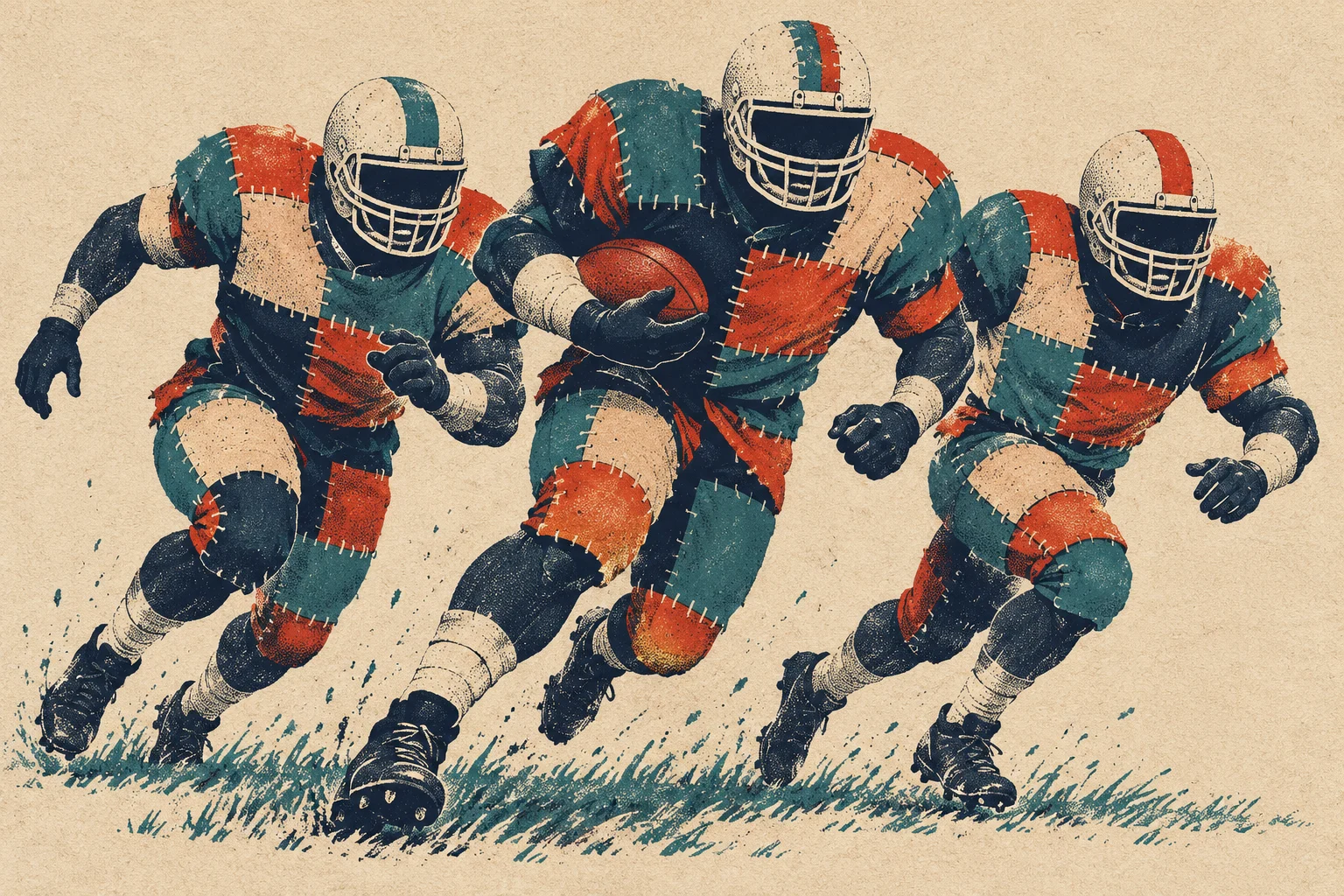 Three American football players in stitched patchwork uniforms sprint across grass, with the central player carrying a football, rendered in a distressed vintage illustration.