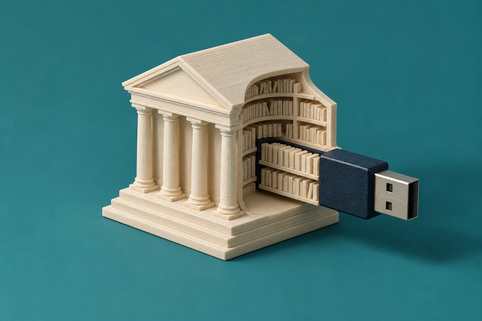 A miniature classical library with columns and bookshelves incorporates a large USB plug, set against a teal background.